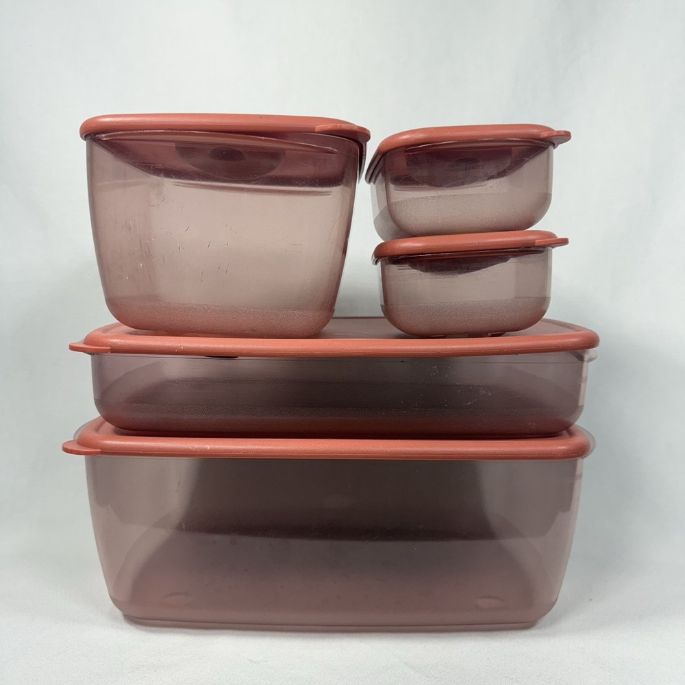 Set Of 5 Vintage Rock N Serve Tupperware Orange w Yellow Vent Lids - Picture 2 of 16